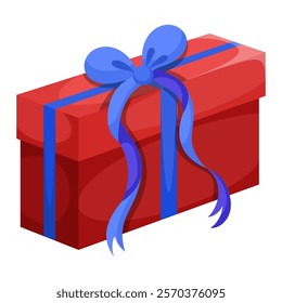 Red gift box with blue bow. Vector illustration of cartoon flat cute color present isolated on white background. Christmas or birthday present, anniversary or Valentine`s day gift box.