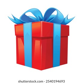 Red gift box with blue ribbon and bow, ideal for holiday presents. Vector cartoon illustration