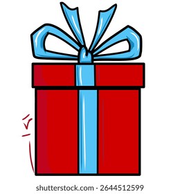 red gift box with blue ribbon, for christmas day