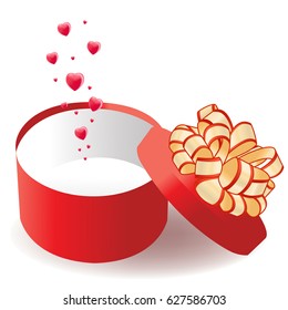 Red gift box with bow and hearts on a white background. Vector illustration.