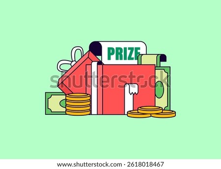 Red gift box with a bow and a prize card peeking out, surrounded by stacks of gold coins and paper money cartoon vector illustration for winning, rewards, and exciting prizes