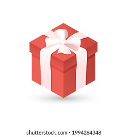 Red gift box with bow and ribbon on white isolated background. Realistic 3D gift for New Year, Christmas, Birthday, Valentine's Day, holiday, party. Vector illustration