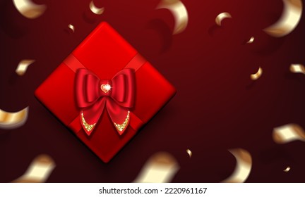 Red gift box with a bow and a ruby heart-shaped gemstone. Golden serpentine. Poster for Valentine's Day, Christmas. Realistic vector illustration.