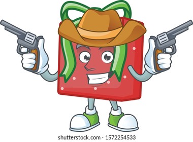 Red gift box cartoon character as a Cowboy holding guns