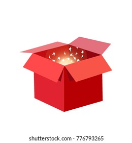Red gift box. Case with a glowing gift. Festive isolated element. Vector illustration.