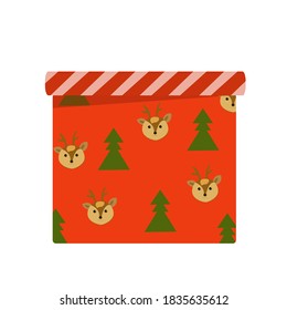 Caja de regalo roja con árboles de Navidad y rostros de ciervos