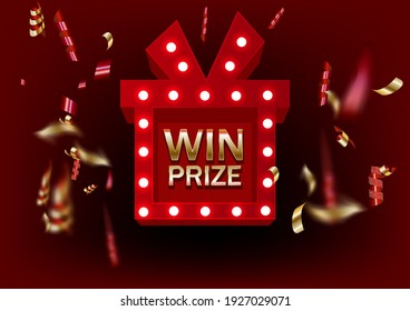 Red Gift Box and Confetti. Enter to Win Prizes. Win, lottery, quiz. Vector Illustration.