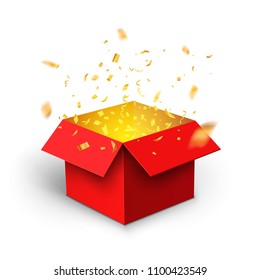 Red gift box confetti explosion. Magic open surprise gift box package decoration.