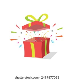 A Red gift box with confetti  explosion effect. Present box with yellow bow. Sale event, Birthday party, give away package, reward, Christmas, event celebration, Flat vector icon illustration