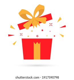 Red Gift Box and Confetti. Flat style special celebration, birthday party, isolated vector illustration.