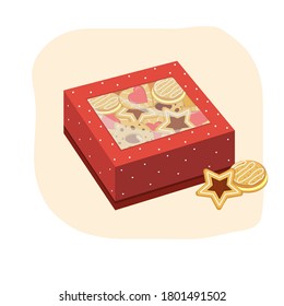 Red gift box with cookies, color vector illustration, clipart, design, decoration