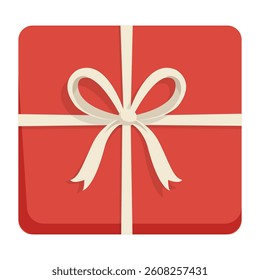 Red Gift Box with Cream Ribbon and Bow Vector Illustration Image