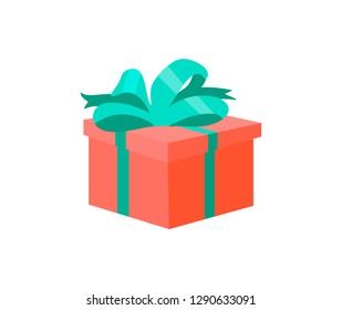 Red gift box decorated by green satin ribbon vector isolated icon. Square shape present, symbol of surprise on shopping, Valentine day and Birthday cardboard