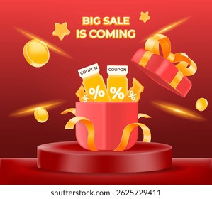 Red gift box with discount coupons on a red pedestal podium background, golden coins, and 'Big Sale is Coming' text. ecommerce, holiday promotions, or special online offers