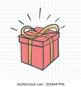 Red Gift box doodle style outline with color