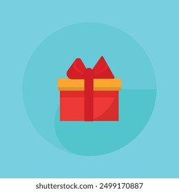 Caja de regalo roja en un estilo de diseño plano en un marco de anillo azul con un efecto de sombra larga.