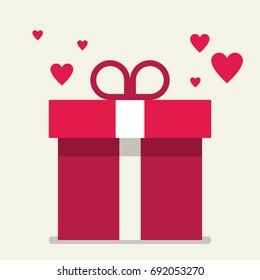 red gift box flat design with mini hearts around