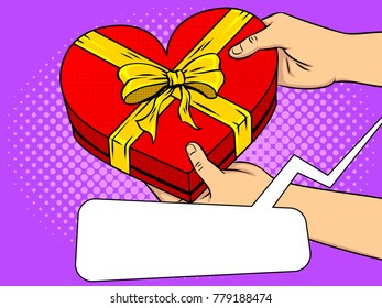Red gift box in form of heart pop art retro vector illustration. Comic book style imitation.