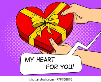 Red gift box in form of heart pop art retro vector illustration. Comic book style imitation.