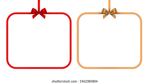 red gift box frame banner with gold bow and ribbon isolated on white background