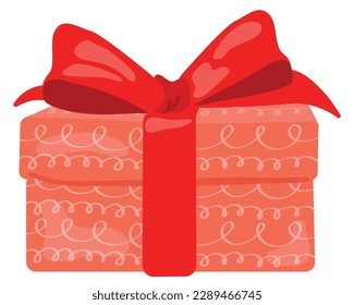 Red gift box with garland ornament. Red ribbon tied. Hand drawn vector illustration. Suitable for website, stickers, gift cards.