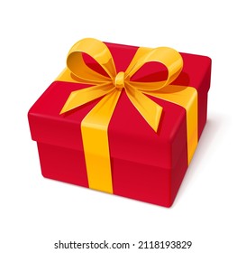Red gift box with gold bow, Isolated on white background. Eps10 vector illustration.