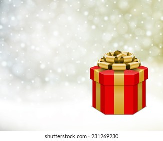 Caja de regalo roja y arco dorado con fondo vectorial de navidad clara. Tarjeta de felicitación o diseño de invitación.