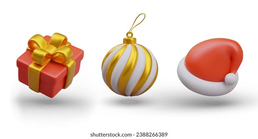 Red gift box with gold bow, striped gold Christmas ball, funny Santa Claus hat. Concept of costumes, gifts and winter decoration. Set of 3D isolated images