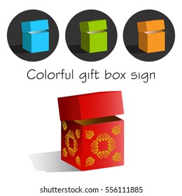 Red gift box with gold lotus. Vector Chinese new year box. 3 colors pandora box in dark circle