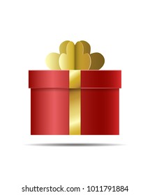 Red gift box with gold ribbon, packing. Vector.