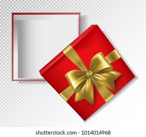 Red gift box with gold ribbon and bow - top view vector illustration. Realistic 3d illustration