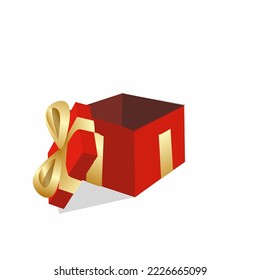 red gift box with gold ribbon open with lid down