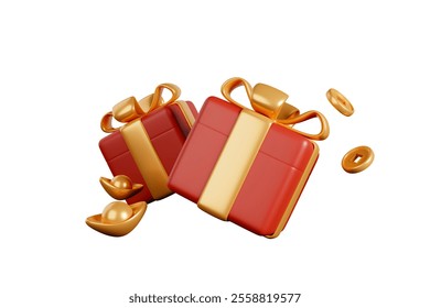 Red gift box with gold ribbon bow floating in mid-air, gold and coins floating beside it. 3D rendering.