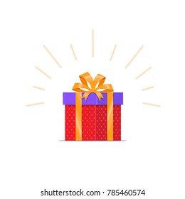Red gift box with gold ribbon and bow. Present box, surprise, celebration, birthday party. Vector illustration in flat style.