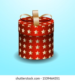 Red gift box with gold stars and ribbon on red background with place for text. vector illustration. Good for decoration web site banner and greeting card or poster design.
