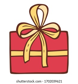 Red gift box with golden bow icon. Hand drawn illustration of red gift box with golden bow vector icon for web design
