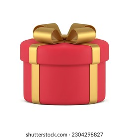 Red gift box golden bow ribbon festive present surprise 3d icon realistic vector illustration. Prize congratulations cardboard container for holiday celebration closed cylinder birthday decor design