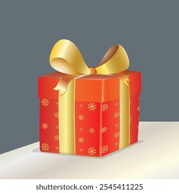 Red gift box with golden bow and ribbon. 