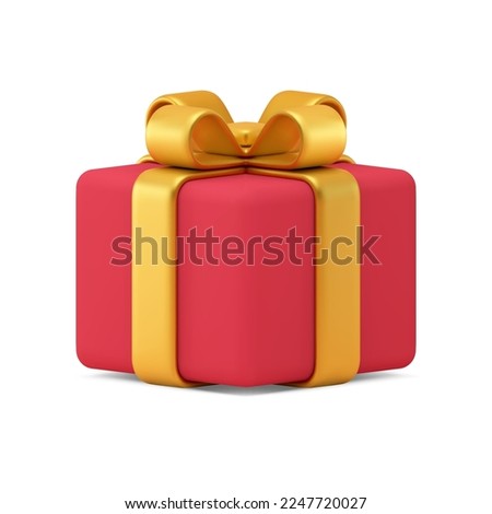 Red gift box golden bow ribbon festive present surprise 3d icon realistic vector illustration. Prize congratulations cardboard container for holiday celebration closed squared birthday decor design