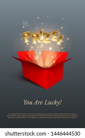 Red gift box with golden lights and confetti and Prize word isolated on gray background. Vector design element. Leaflet template