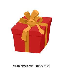 Red gift box with golden ribbon and satin bow, present for Christmas, New Year or Birthday, festive decorative holiday symbol. Vector illustration in flat cartoon style, isolated on white background