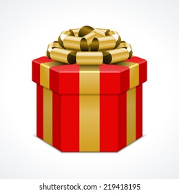 Red gift box with golden ribbon isolated on white. Vector illustration eps 10.