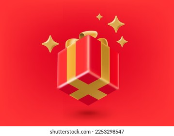 Red gift box with golden ribbon and bow. 3d vector illustration
