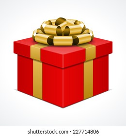 Red gift box with golden ribbon isolated on white. Vector illustration.