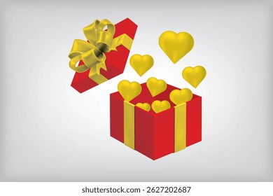 Red gift box with golden ribbon and flying gold hearts, ideal for romantic or celebration-themed designs.