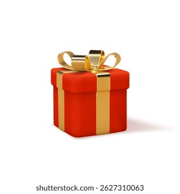 Red Gift Box with Golden Ribbon and Bow. Decorative Element for Christmas, New Year, Birthdays, Anniversaries or Seasonal Sales. 3D Vector Illustration Isolated on White.