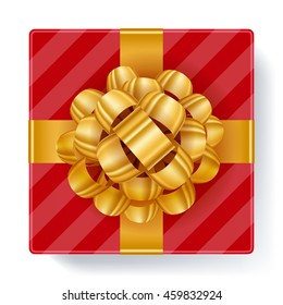 Red gift box with golden ribbon bow top view vector illustration Beautiful realistic present box template for birthday christmas new year design.