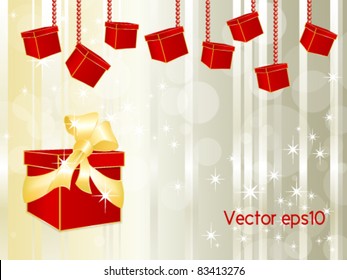 Red gift box with golden ribbon and bow and many small hanging parcels against abstract background design with silver lines and white stars - Christmas and birthday template - vector, eps10