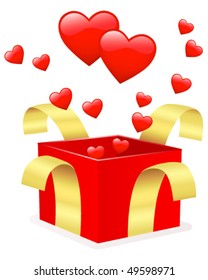 Red gift box with golden ribbons and red hearts inside. Vector illustration