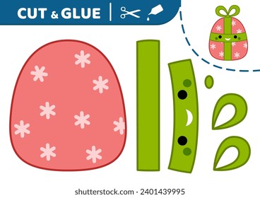 Red gift box with green bow. Cut and glue. Christmas gift.  Squishmallow. Applique. Paper education game. Kawaii, cartoon. Isolated vector illustratio